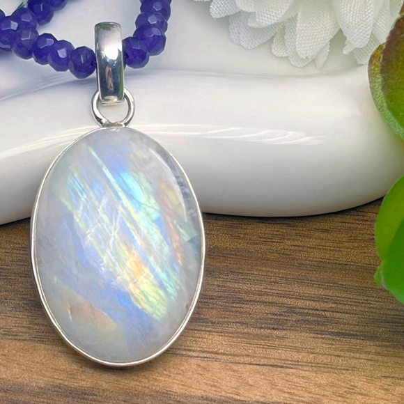 Rainbow Moonstone Pendant Necklace Solid Sterling Silver 925 Boho Southwest - Picture 3 of 10